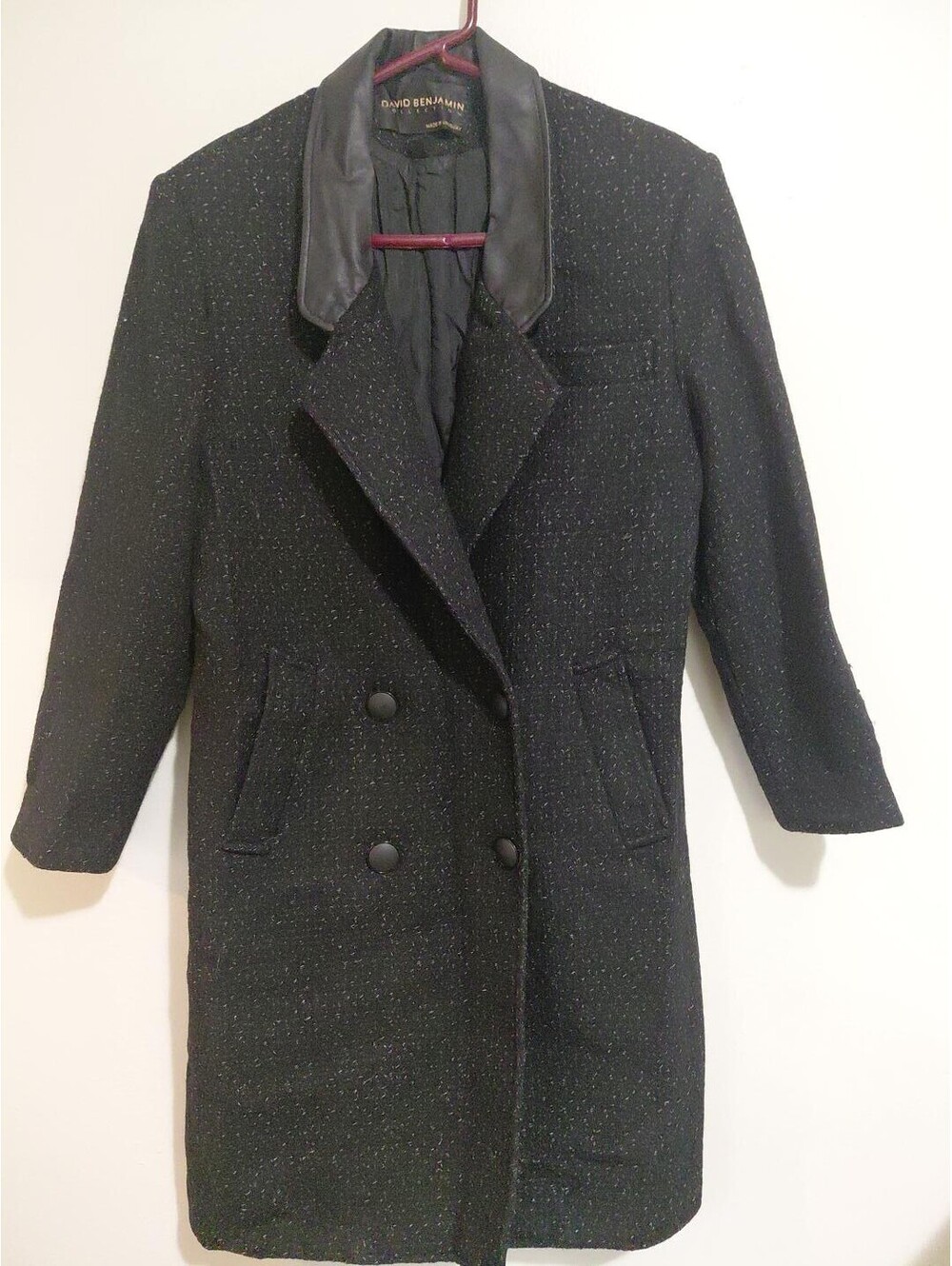 Vintage David Benjamin Women's Black Wool Coat with Leather Trim, Made in Ur